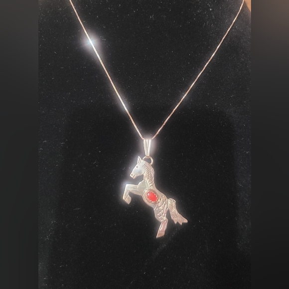 Navajo Jewelry - Native Navajo Sterling & Red Coral Rearing Horse Pendant on SS Chain Hallmarked